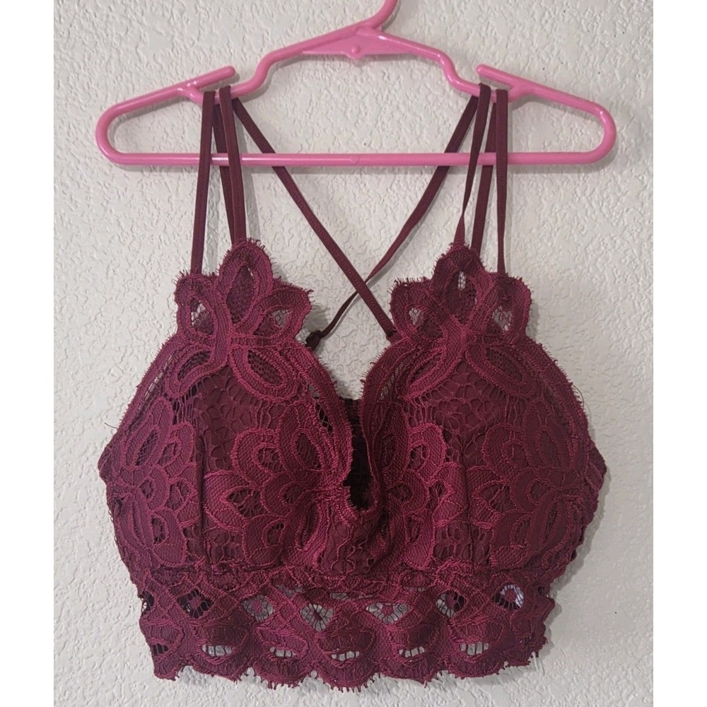 Anemone Lace Crochet Bralette Strappy Wireless Biking Red Burgandy S